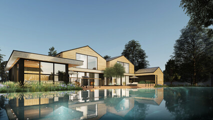 Fototapeta na wymiar Architecture 3d rendering illustration of modern Wooden houses with natural landscape , daytime