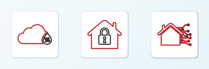 Set line Smart home, Humidity and House under protection icon. Vector