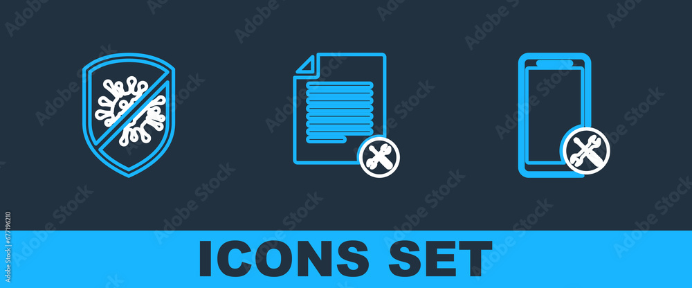 Poster set line mobile service, stop virus, bacteria and file document icon. vector