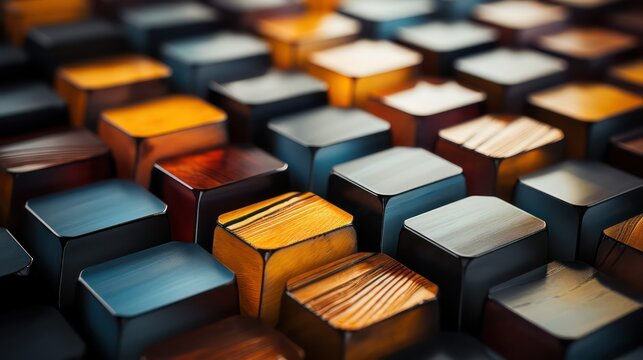 Wooden cubes of different colors in a row. Abstract background.