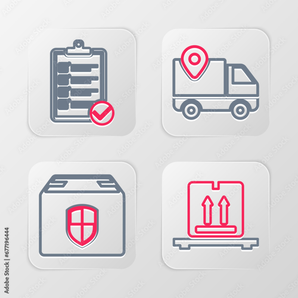 Poster set line cardboard boxes on pallet, delivery security shield, tracking and verification of delivery 