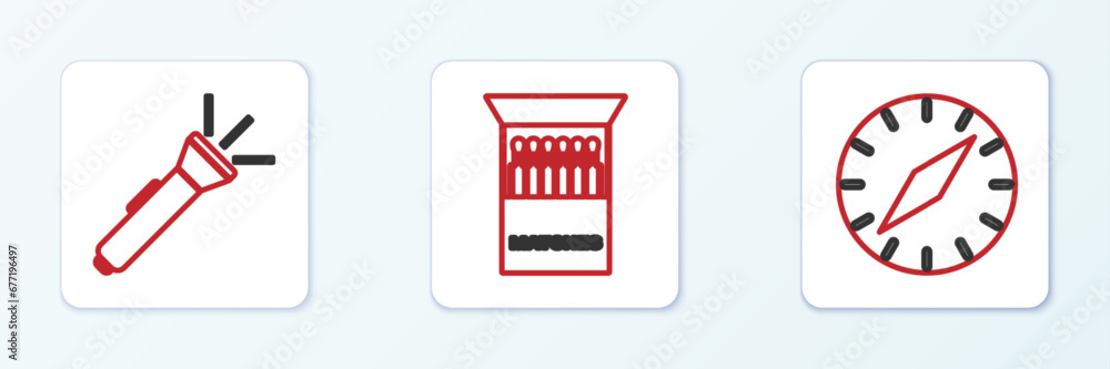 Poster set line compass, flashlight and open matchbox and matches icon. vector