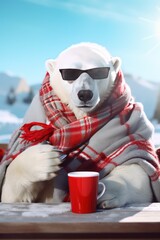 Fototapeta premium Polar bear wrapped in blanket sits with cup of coffee on glacier of Arctic ocean basking under sun. Polar bear wrapped up in warm blanket from cold and enjoys drinking coffee in natural surroundings