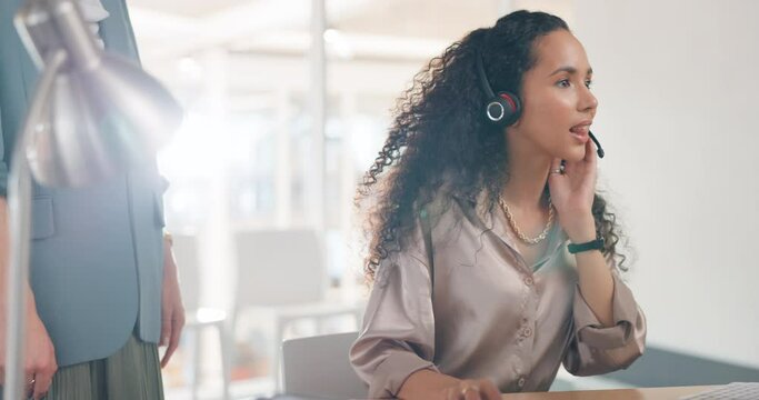 Interrupt, talking and woman in discussion for a call center, telemarketing help and online support. Advice, contact us and customer service agent finishing a consultation with a coworker waiting