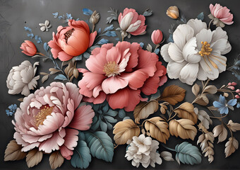 Floral watercolor illustration on black concrete grunge background. Red pink and white watercolor flowers on a black concrete grunge background. Generative AI