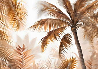Golden and brown palm trees with tropical leaves on a light beige background. Wallpaper with palm trees in a brown background. Generative AI
