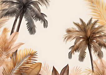 Golden and brown palms and tropical leaves on a beige background. Wallpaper with palm trees in a brown background. Generative AI