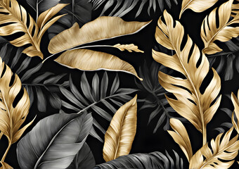 Golden and gray tropical leaves on a black background close-up. 3D Illustration, Wallpaper. Generative AI
