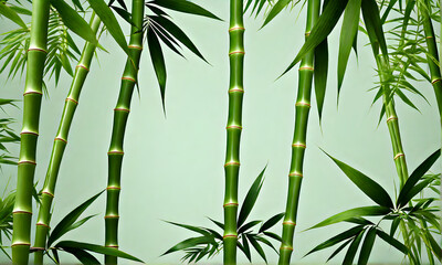 Green bamboo closeup on a light green background. Green bamboo background. Generative AI