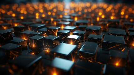 Abstract geometric background with glowing cubes.