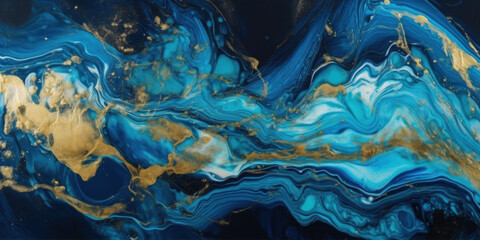 Waves of blue and turquoise colors with golden powdered splashes. Abstract acrylic marble background
