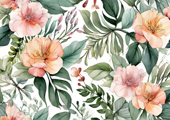 Watercolor floral illustration with pink and white blue flowers and leaves. Watercolor floral illustration works well for wedding invitations, or wall decor. Generative AI