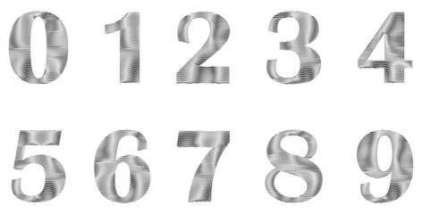 Set of numbers isolated on white. Alphabet with numbers. Vector graphic elements for design. Waves and lines. Silver, metal