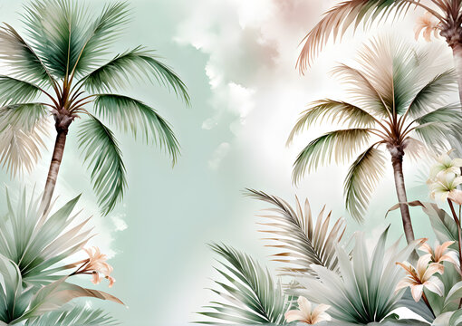 Watercolor illustration of a palm tree against a green sky background. Palm trees with clouds wallpaper. Generative AI