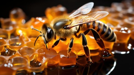 Honey bee on honeycombs - obrazy, fototapety, plakaty