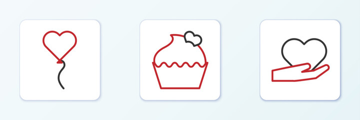 Set line Heart in hand, Balloon form of heart and Wedding cake with icon. Vector