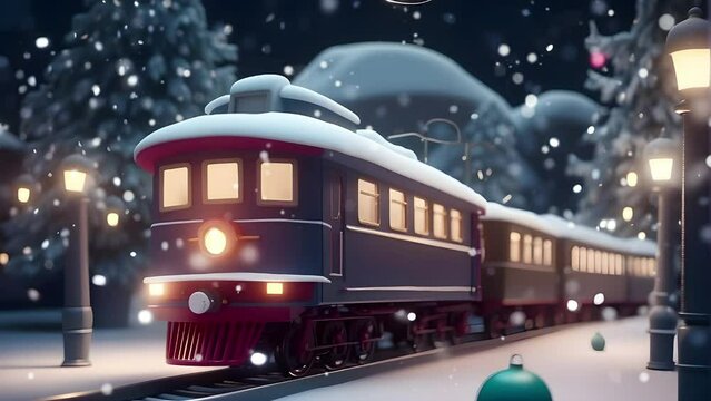 train at night with christmas decorations. seamless looping time-lapse virtual video animation background.