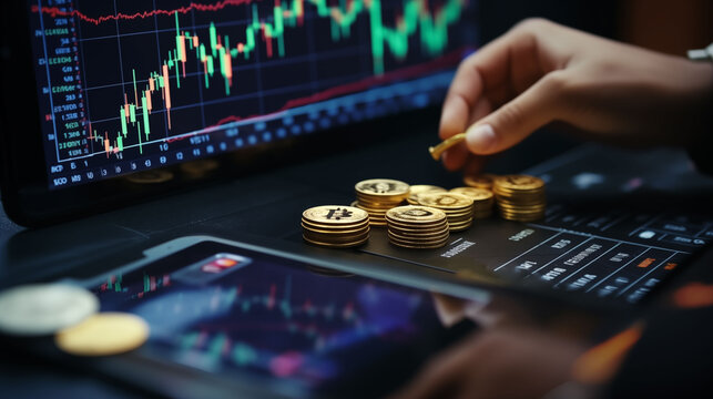 Bitcoins and New Virtual money concept. bitcoins with Candle stick graph chart and digital background. Mining or block chain technology.
