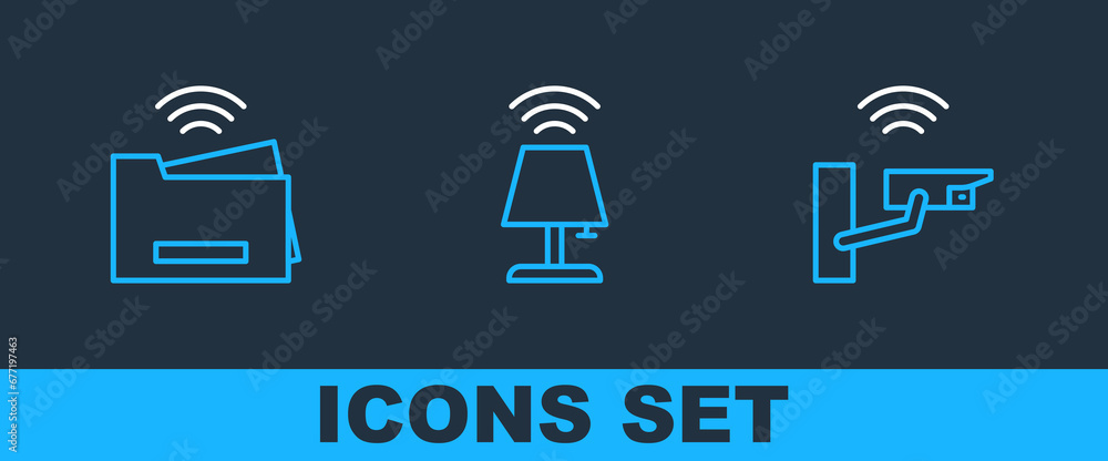 Poster set line smart security camera, printer and table lamp icon. vector