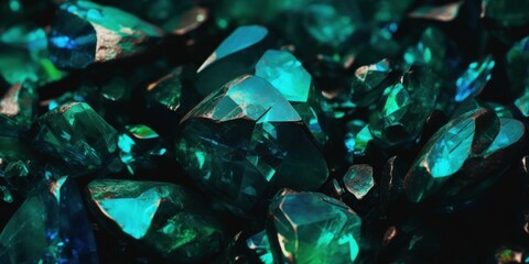 Background of texture of green translucent natural emerald stones. Close up.