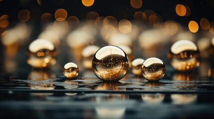 Obraz premium golden glass balls on a dark background with bokeh effect