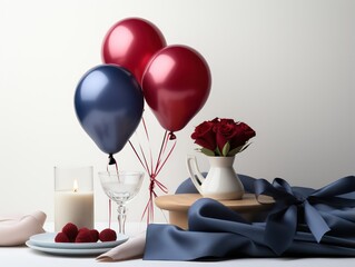Romantic table setting with red and blue balloons, candles and roses