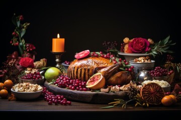 Obraz na płótnie Canvas thanksgiving. classic usa thanksgiving day dinner with holiday autumn decor and candles