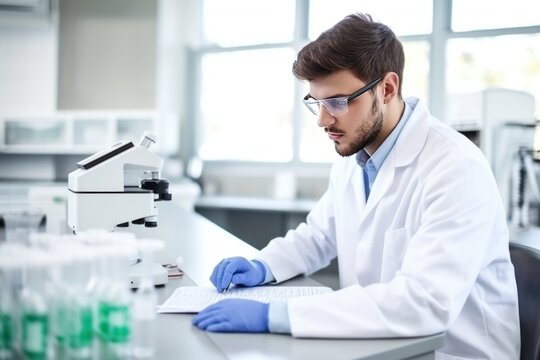 Young male researcher working in the modern laboratory for the study viruses. Concept of creation and production of the latest generation of drugs.