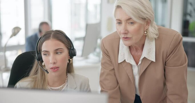 Call center, women and training with computer, coach or helping hand for development, learning and listening. Senior crm, telemarketing agent and question for tech support, mentorship and chat by pc