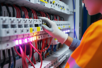 Close up hands of woman commercial electrician wearing googles at work on a fuse box in background of modern factory. Repair concept of technology and technology. - obrazy, fototapety, plakaty