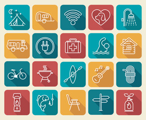 A set of thin linear icons on the theme of camping and outdoor recreation