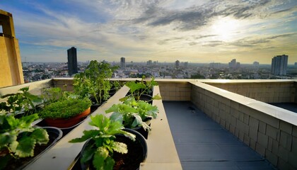 Plants in containers or pots on the rooftop. The atmosphere in the urban area is dense.