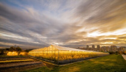 Greenhouse near a large urban area. The morning atmosphere is sunny and cloudy. Suitable for various needs according to the greenhouse theme