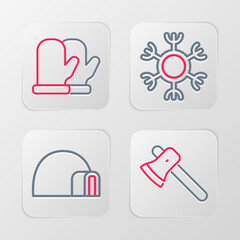 Set line Wooden axe, Igloo ice house, Snowflake and Christmas mitten icon. Vector