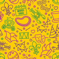 Mardi Gras carnival seamless background, linear style. Pattern with feathers, beads, jester hat, mask, fleur de lis © Slava Istr