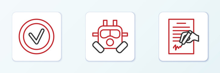 Set line Petition, Check mark in round and Gas mask icon. Vector