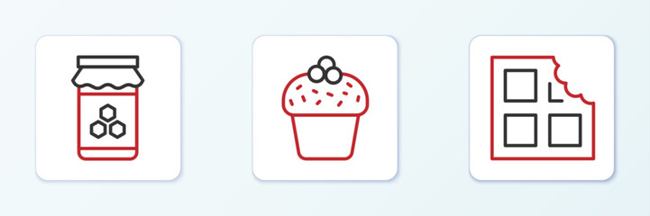 Set line Chocolate bar, Jar of honey and Cake icon. Vector