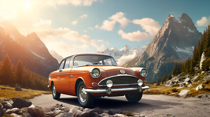 car in the mountains,Old vintage Car and Mountain Majesty,AI Generative 