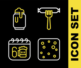 Set line Sausage on the fork, Beer bubbles, Saint Patricks day calendar and can with foam icon. Vector
