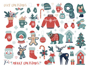 Christmas clipart with forest animals and decorative elements in scandinavian hand drawn style