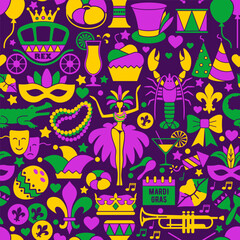 Mardi Gras carnival seamless background, flat style. Pattern with feathers, beads, jester hat, mask, fleur de lis