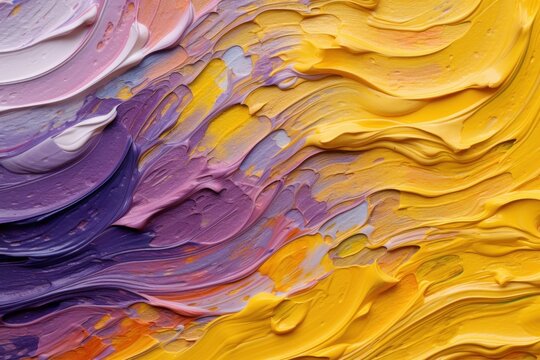 Wavy pastel yellow and purple paints smears. Bright acril background. Abstract acrylic paiting.