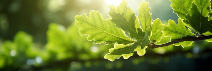 Warm golden sunlight shining through the lush green oak tree leaves in a peaceful natural backdrop - obrazy, fototapety, plakaty