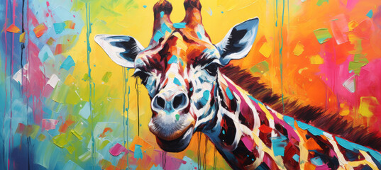 Animal head portrait art - Colorful abstract oil/acrylic painting of a giraffe, palette knife on canvas.