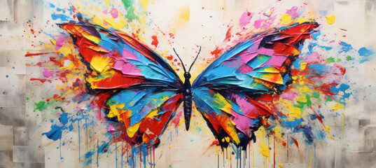 Animal portrait art - Colorful abstract oil/acrylic painting of a butterfly, palette knife on canvas.