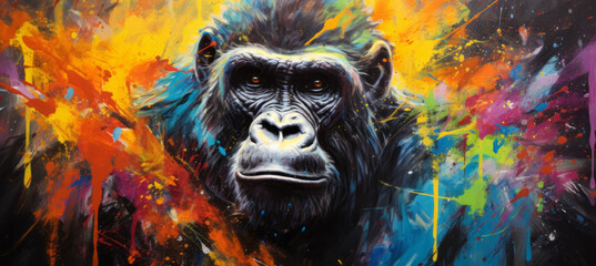 Animal head portrait art - Colorful abstract oil/acrylic painting of a gorilla, palette knife on canvas.