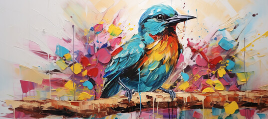 Animal head portrait art - Colorful abstract oil/acrylic painting of a bird, palette knife on canvas.