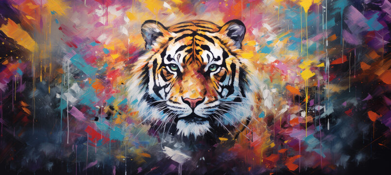 Animal head portrait art - Colorful abstract oil/acrylic painting of a tiger, palette knife on canvas.