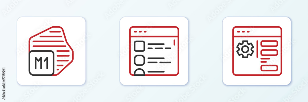 Poster set line browser setting, processor and files icon. vector