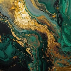 Golden powdered wave on emerald green background. Abstract acrylic pattern.